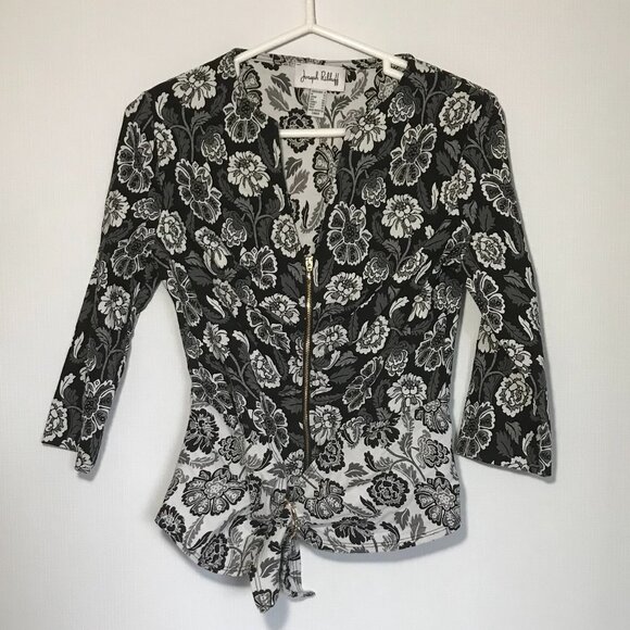 Joseph Ribkoff Womens Jacket Sz 8 Black White Floral 3\4 Sleeve Zip Closure - Picture 1 of 11